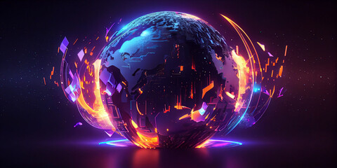 Metaverse digital world cyber space 3D rendering background, neon colorful global world in cyber...