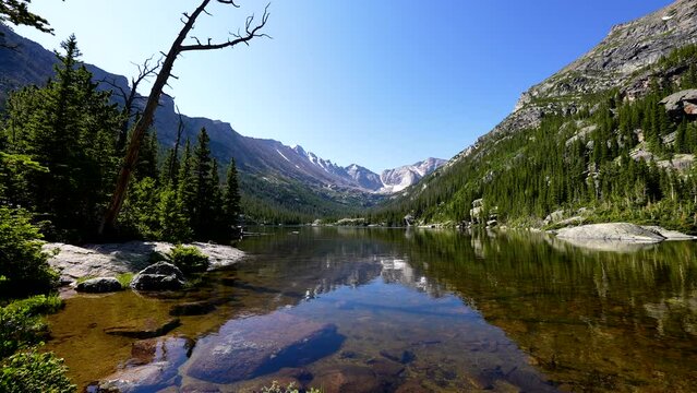 beautiful rocky mountain lake in the colorado rockies with reflection on clear glacial water and cloudless blue sky