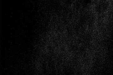 Distressed white grainy texture. Dust overlay textured. Grain noise particles. Rusted black background. Vector illustration. EPS 10.  