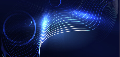 Neon laser lines, circles waves abstract background. Neon light or laser show, electric impulse, power lines, techno quantum energy impulse, magic glowing dynamic lines