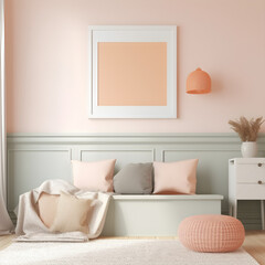 Fototapeta na wymiar girls reading corner in pink and orange plush cusions and a long bench a large art frame on the wall for use as a mockup AI generative technology 