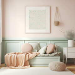 girls reading corner in pink and orange plush cusions and a long bench a large art frame on the wall for use as a mockup AI generative technology
