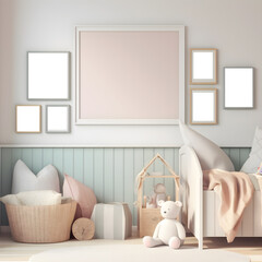 pink and blue reading nook with blank frames on the wall AI generative technology
