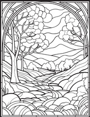 Forest landscape coloring page. Forest coloring book pages. Landscape vector black and white line art sketch drawing.  Forest coloring pages for adults. Hand drawn floral background illustration.