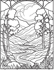 Forest landscape coloring page. Forest coloring book pages. Landscape vector black and white line art sketch drawing.  Forest coloring pages for adults. Hand drawn floral background illustration.
