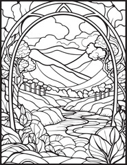 Forest landscape coloring page. Forest coloring book pages. Landscape vector black and white line art sketch drawing.  Forest coloring pages for adults. Hand drawn floral background illustration.