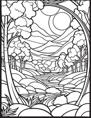 Forest landscape coloring page. Forest coloring book pages. Landscape vector black and white line art sketch drawing.  Forest coloring pages for adults. Hand drawn floral background illustration.