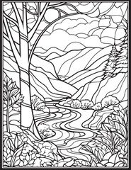 Forest landscape coloring page. Forest coloring book pages. Landscape vector black and white line art sketch drawing.  Forest coloring pages for adults. Hand drawn floral background illustration.