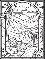 Forest landscape coloring page. Forest coloring book pages. Landscape vector black and white line art sketch drawing.  Forest coloring pages for adults. Hand drawn floral background illustration.