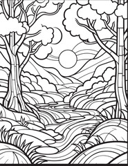 Forest landscape coloring page. Forest coloring book pages. Landscape vector black and white line art sketch drawing.  Forest coloring pages for adults. Hand drawn floral background illustration.
