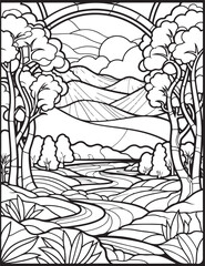 Forest landscape coloring page. Forest coloring book pages. Landscape vector black and white line art sketch drawing.  Forest coloring pages for adults. Hand drawn floral background illustration.