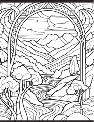 Forest landscape coloring page. Forest coloring book pages. Landscape vector black and white line art sketch drawing.  Forest coloring pages for adults. Hand drawn floral background illustration.