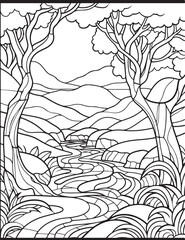 Forest landscape coloring page. Forest coloring book pages. Landscape vector black and white line art sketch drawing.  Forest coloring pages for adults. Hand drawn floral background illustration.