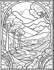 Forest landscape coloring page. Forest coloring book pages. Landscape vector black and white line art sketch drawing.  Forest coloring pages for adults. Hand drawn floral background illustration.