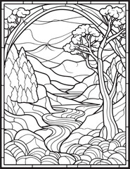Forest landscape coloring page. Forest coloring book pages. Landscape vector black and white line art sketch drawing.  Forest coloring pages for adults. Hand drawn floral background illustration.