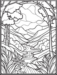 Forest landscape coloring page. Forest coloring book pages. Landscape vector black and white line art sketch drawing.  Forest coloring pages for adults. Hand drawn floral background illustration.