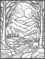 Forest landscape coloring page. Forest coloring book pages. Landscape vector black and white line art sketch drawing.  Forest coloring pages for adults. Hand drawn floral background illustration.