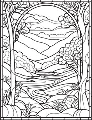 Forest landscape coloring page. Forest coloring book pages. Landscape vector black and white line art sketch drawing.  Forest coloring pages for adults. Hand drawn floral background illustration.