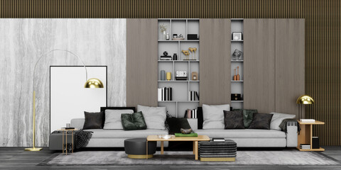 Modern living room sofa and table, Wall cabinet with decorative items
