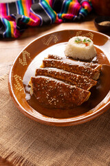 Chicken enmoladas. Also known as mole poblano enchiladas, they are a typical Mexican dish that is very popular in Mexico and the rest of the world.