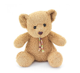 Brown teddy bear baby toy isolated on white background.
