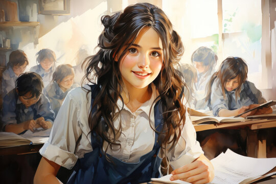 Watercolor illustration of a cute black-haired girl in a school uniform sitting in a classroom