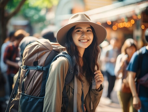 Asian woman traveler smiling with backpack walking in city. Portrait of female traveler on street.
