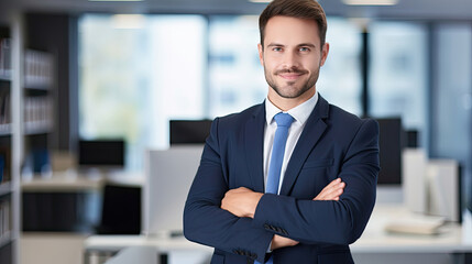 Obraz premium Portrait of happy businessman with arms crossed standing in office. Portrait of young happy businessman wearing grey suit and blue shirt standing in his office and smiling with arms crossed