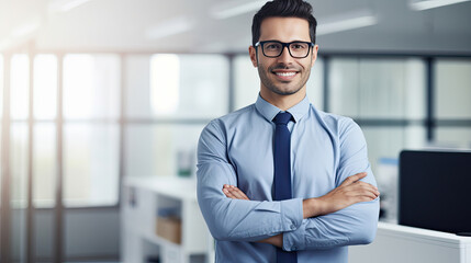 Fototapeta premium Portrait of happy businessman with arms crossed standing in office. Portrait of young happy businessman wearing grey suit and blue shirt standing in his office and smiling with arms crossed