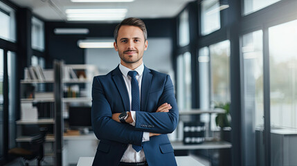Fototapeta na wymiar Portrait of happy businessman with arms crossed standing in office. Portrait of young happy businessman wearing grey suit and blue shirt standing in his office and smiling with arms crossed