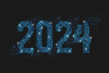 Abstract isolated blue image of new year number 2024. Polygonal low poly wireframe illustration looks like stars in the blask night sky in spase or flying glass shards. Digital web, internet design. © Katsiaryna