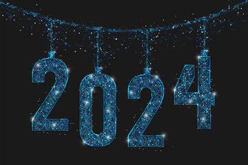 Abstract isolated blue image of new year number 2024. Polygonal low poly wireframe illustration looks like stars in the blask night sky in spase or flying glass shards. Digital web, internet design. © Katsiaryna