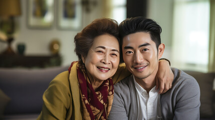 Asian Mother 60 year old and son 30 year old hugging on the sofa , white living room