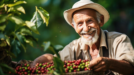 senior farmer harvesting arabica coffee bean