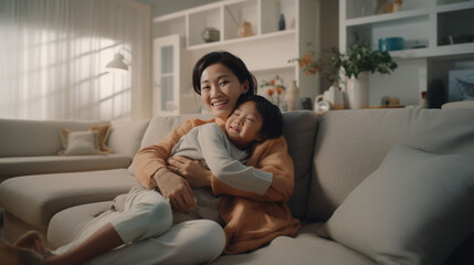 Obraz premium Mother and daughters hugging on the sofa