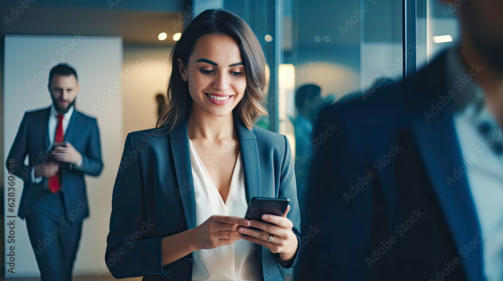 Wall mural Smiling businesswoman using her phone in the office. Small business entrepreneur looking at her mobile phone and smiling while communicating with her office colleagues