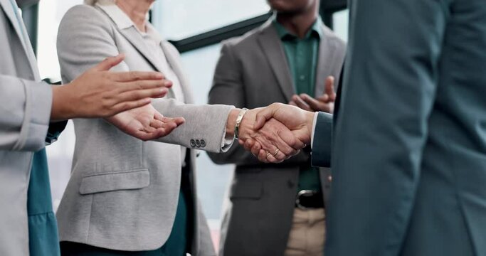 Business people, applause and handshake on onboarding deal, collaboration or congratulations on b2b agreement. Partnership, celebration and shaking hands on negotiation, success and winning in office