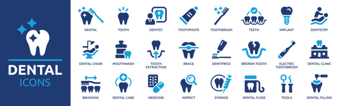 Dental icon set. Containing tooth, dentist, toothpaste, toothbrush, teeth, implant and dentistry icons. Solid icon collection. Vector illustration.