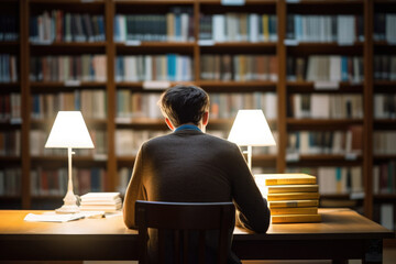 図書館で本を読む男性, 図書館, 男性の後ろ姿, Man reading book in library, library, man's back view, Generative AI - obrazy, fototapety, plakaty