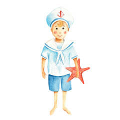 Cute little sailor boy in a marine suit with red starfish. Watercolour nautical illustration for children. Hand painted on white background. For cards, posters, baby prints.