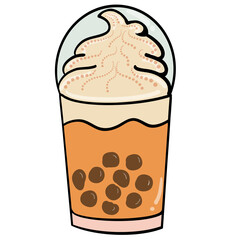Bubble tea with whipped cream on top in a clear plastic glass as a drawing.