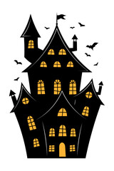 Black haunted house and bats for Halloween. Vector. Transparent background