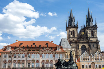 The Tyn Church and other beautiful old buildings at the Old Town Square in Prague, Czech Republic