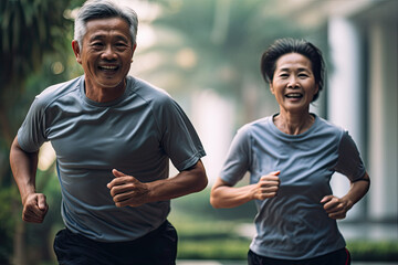 photograph of Happy couple of Asian senior jogging in the morning.generative ai