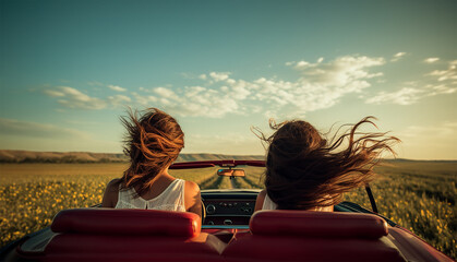 two girls in a convertible car