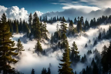 Wall murals Forest in fog sunrise in the mountains