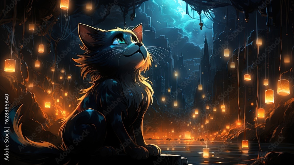Poster a cat that is sitting down in the dark by some lanterns. generative ai