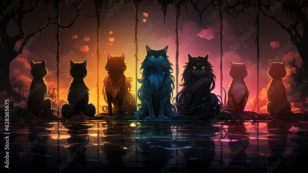 Aufkleber a group of cats sitting next to each other in front of a tree. generative ai