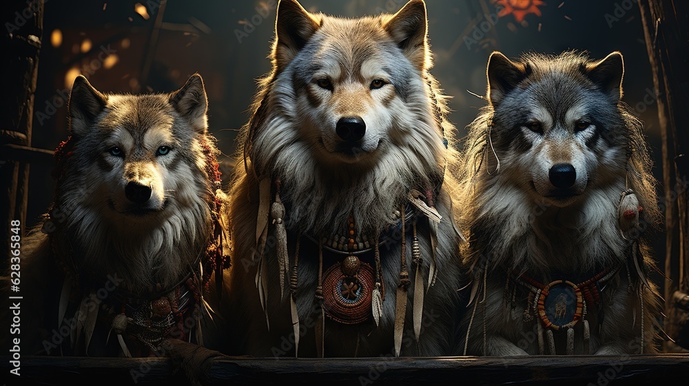 Poster a group of three wolfs standing next to each other. generative ai