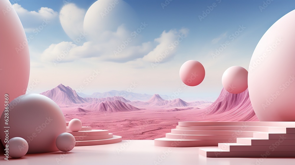 Poster a computer generated image of a surreal landscape with mountains and rocks. generative ai